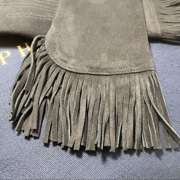 Ralph Lauren Collection ~ Black Cashmere Lined Lamb Suede Fringe Trimmed Gloves - Picture 4 of 16